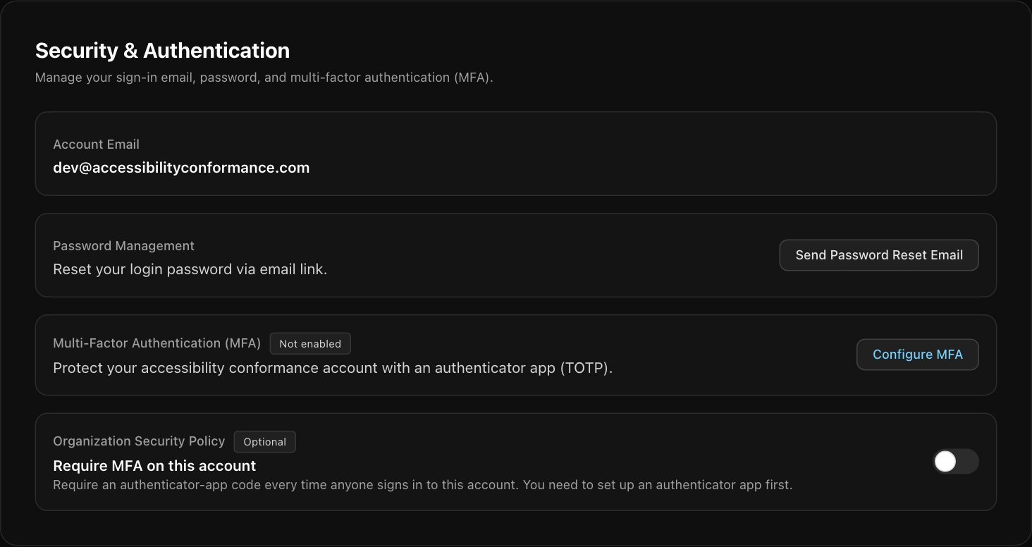 The Security and Authentication panel showing the account email, a Send Password Reset Email button, Multi-Factor Authentication status with a Configure MFA button, and a Require MFA on this account switch