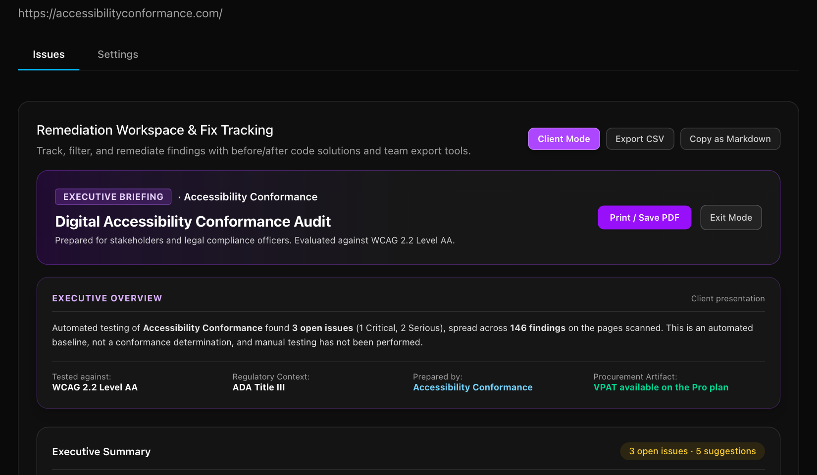 Client Mode showing an Executive Briefing banner, a title, an executive overview paragraph and Print or Save PDF and Exit Mode buttons