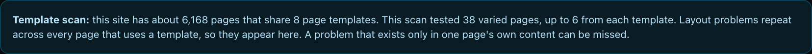 A notice at the top of a scan that says the site has about 6,168 pages sharing 8 page templates, and that 38 varied pages were tested