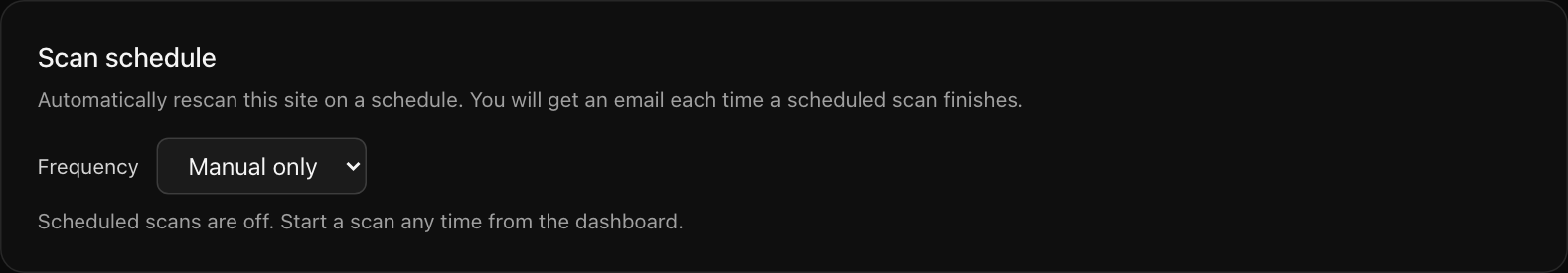 The Scan schedule panel with a Frequency drop-down set to Manual only and a note that scheduled scans are off