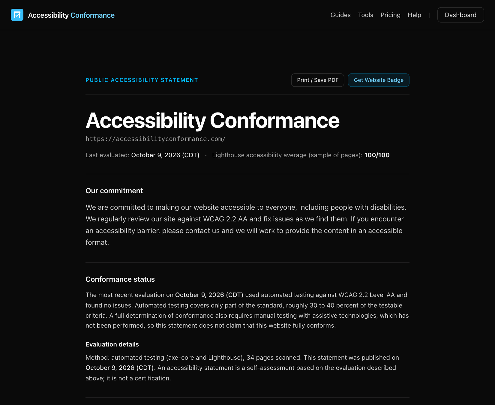 A published accessibility statement page with the organization name, site address, last evaluated date, the commitment text, a conformance status saying automated testing found no issues, and the evaluation details